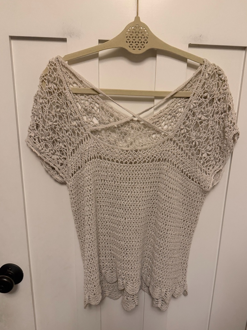 Wrap London 100% Linen Open knit Crochet Short Sleeve Top Beige XS Boho